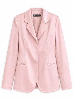 Zara Light Pink Satin Long-Line Blazer – Size XS GUC